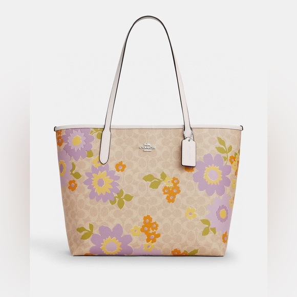 NWT COACH City Tote Bag Signature Canvas With Floral Print Silver/Sand - Picture 6 of 9